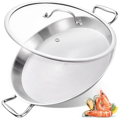 LOLYKITCH 14 Inch Tri-ply Stainless Steel Paella Pan with Lid, Detachable Handle Skillet, Induction Compatible Flat Bottom, Rust Proof & Warp Resistant, Large Oven Safe Cookware for Family of 5-8