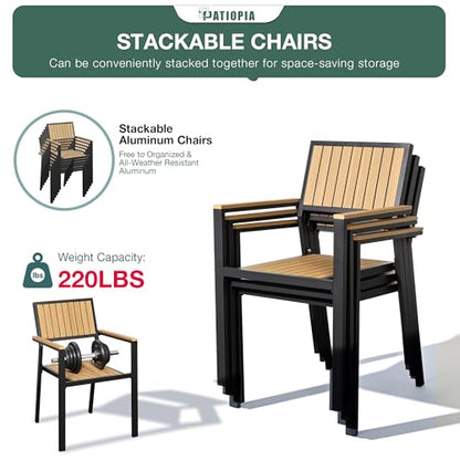 PATIOPIA 10-Piece Patio Dining Set, Outdoor Weather-Resistant Plastic-Wood Table & 8 Stackable Chairs, Outdoor Durable Aluminum Frame Furniture for Garden, Poolside, Backyard