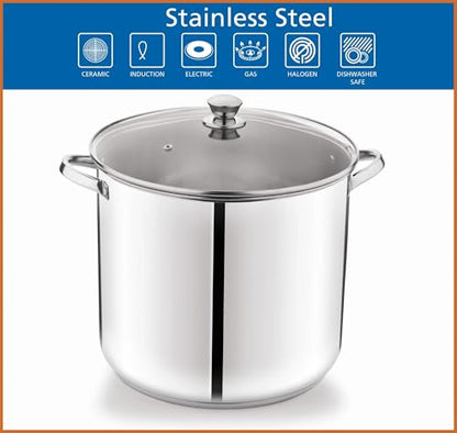 16-Quart Stainless Steel Stock Pot, Glass Lid & Induction Compatible, Durable Kitchen Essential