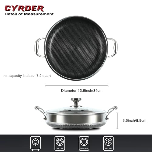 CYRDER Large Hybrid Nonstick Deep Frying Pan-13inch 316L Stainless Steel Sauté Pan and Lid, Two Handle Hold, PFOA Free, Dishwasher Oven Safe, Cookware to Stir fry/Toast/Roast/Bake/Stew, 7.2-Quart