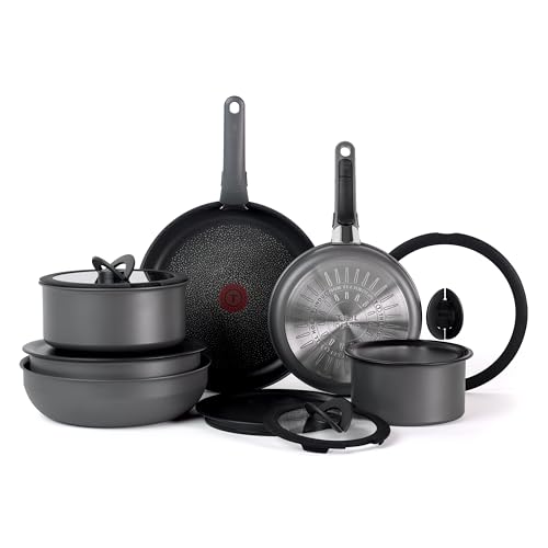 T-fal Ingenio Expertise Non Stick Cookware Set 14 Piece, Induction, Oven Broiler Safe 500F, Detachable/Removable Handle, Kitchen, Cookware, Pots and Pans, RV, Camping, Fry Pans, Dishwasher Safe, Gray