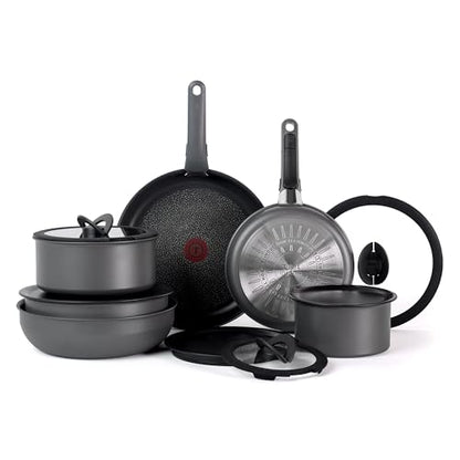 T-fal Ingenio Expertise Non Stick Cookware Set 14 Piece, Induction, Oven Broiler Safe 500F, Detachable/Removable Handle, Kitchen, Cookware, Pots and Pans, RV, Camping, Fry Pans, Dishwasher Safe, Gray