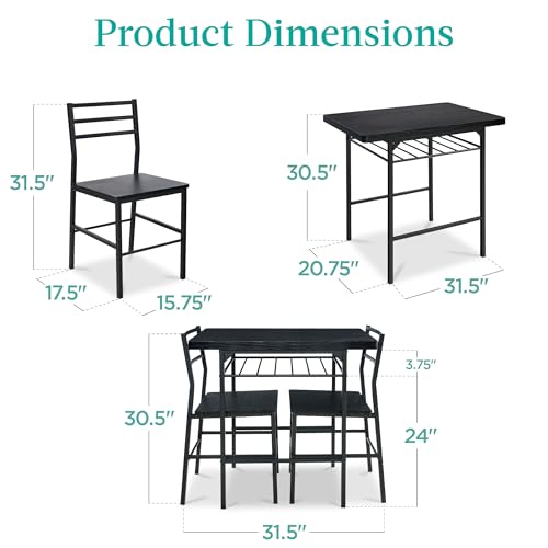 Best Choice Products 3-Piece Modern Dining Set, Space Saving Dinette for Kitchen, Dining Room, Small Space w/Steel Frame, Built-in Storage Rack - Black/Black