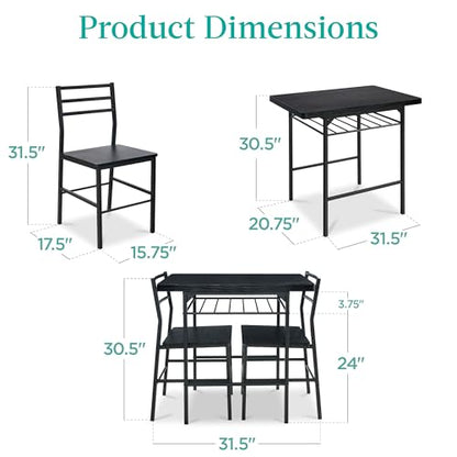 Best Choice Products 3-Piece Modern Dining Set, Space Saving Dinette for Kitchen, Dining Room, Small Space w/Steel Frame, Built-in Storage Rack - Black/Black