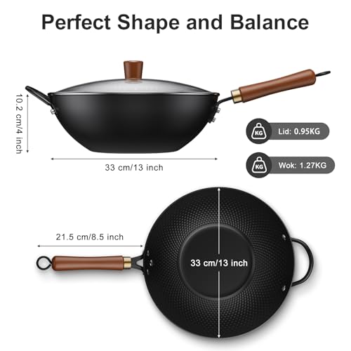 Todlabe 13-Inch Carbon Steel Wok Pan with Glass Lid, Naturally Nonstick Pre-Seasoned Woks & Stir-Fry Pans, No Chemical Coating, Flat Bottom for Induction, Gas, Electric, Halogen & All Stoves