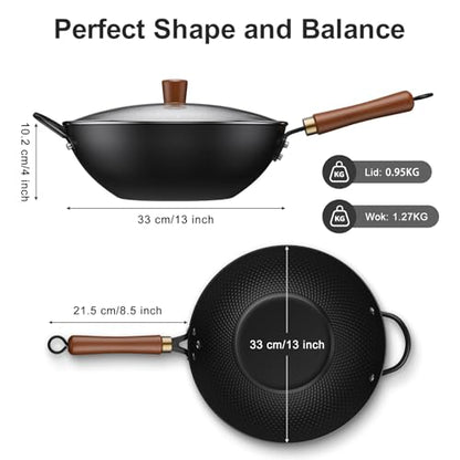 Todlabe 13-Inch Carbon Steel Wok Pan with Glass Lid, Naturally Nonstick Pre-Seasoned Woks & Stir-Fry Pans, No Chemical Coating, Flat Bottom for Induction, Gas, Electric, Halogen & All Stoves