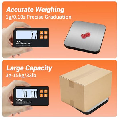YFL Wireless Kitchen Scale with Detachable Remote Display, 33lb High Precision Digital Scale 1g/0.1oz, Tare Function 7 Units Food Scale for Cooking, Baking, Meal Prep & Dieting