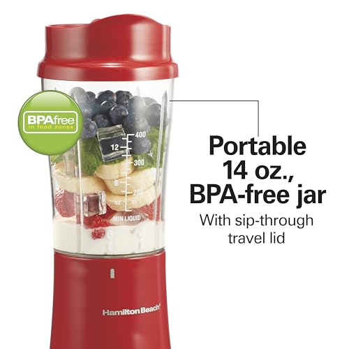 Hamilton Beach Portable Blender for Shakes and Smoothies, 14 Oz BPA Free Travel Cup & Lid, Durable Stainless Steel Blades, Personal Smoothie Blender, Red (51101RV)