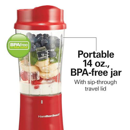 Hamilton Beach Portable Blender for Shakes and Smoothies, 14 Oz BPA Free Travel Cup & Lid, Durable Stainless Steel Blades, Personal Smoothie Blender, Red (51101RV)