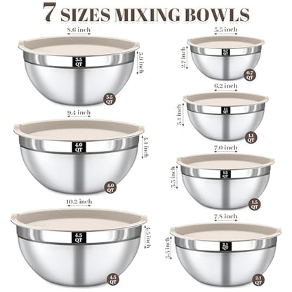 Boskermeal Mixing Bowls with Lids Set - 7PCS Nesting Mixing Bowls, Lids, Stainless Steel Mixing Bowls for Mixing, Baking & Meal Prep, Dishwasher Safe, Size 0.7/1.1/1.5/2.1/3.5/4/4.5 QT, Khaki