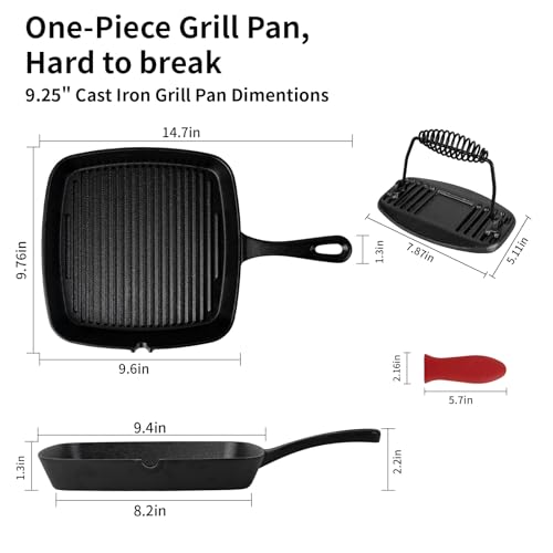 Tastedeli Cast Iron Grill Pan,9.25" Pre Seasoned Skillet with Pour Spouts,Silicone Handle Cover for Indoor and Outdoor Grilling,Durable Oven Safe,Stove Campfire Use(Black)
