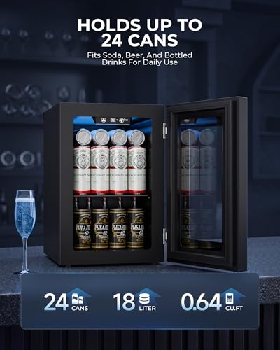18L Beverage Refrigerator Cooler, 24-Can Mini Fridge with Glass Door