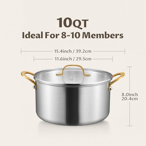 BEZIA 10 Quart 3-Ply Stainless Steel Stockpot, Soup Pot with Lid in Fully Clad Tri-Ply Stainless Steel, Even Heat Distribution, Cooking Pot with Handles, All Cooktops Compatible, Perfect for Stew