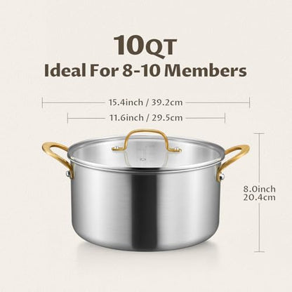 BEZIA 10 Quart 3-Ply Stainless Steel Stockpot, Soup Pot with Lid in Fully Clad Tri-Ply Stainless Steel, Even Heat Distribution, Cooking Pot with Handles, All Cooktops Compatible, Perfect for Stew