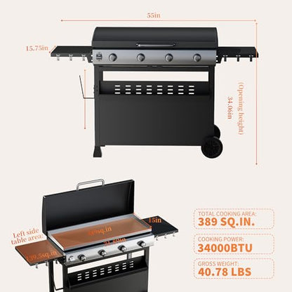Grills 4 Burner Propane Gas Grill 32,000 BTU Stainless Steel Outdoor Patio Barbecue Grill Propane Gas Griddle with Removable Cart Portable Griddle for Outdoor Cooking, BBQ Camping, Backyard