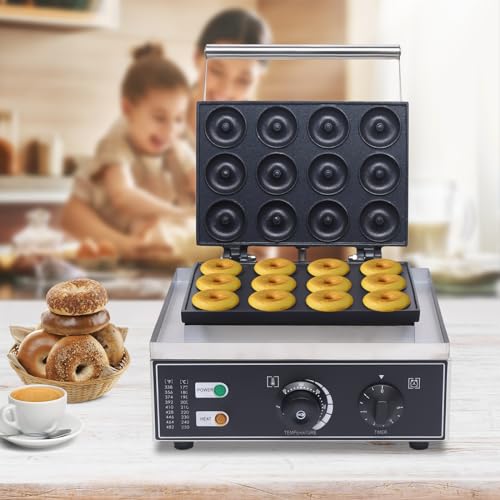 GXFCHYL Mini Donut Maker Commercial Donut Maker Machine Electric Stainless Steel Doughnut Maker Double-Sided Heating with Non-stick Plate for Kitchen, Restaurant (12Pcs/Pan 1550W)