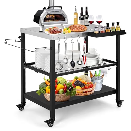 Tyfnry Outdoor Grill Cart,36 Inch Stainless Steel Pizza Oven Table with Lockable Wheels, Hooks & Adjustable Mesh, Metal Kitchen Cart Island, Black(36.2'' D x 19.6''W x 31.4''H)