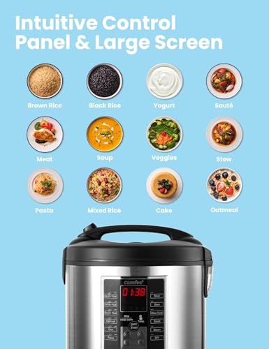 COMFEE' Rice Cooker, Slow Cooker, Steamer, Stewpot, Sauté All in One (12 Digital Cooking Programs) Multi Cooker (5.2Qt ) Large Capacity. 24 Hours Preset & Instant Keep Warm, Black/Silver (MB-M25)