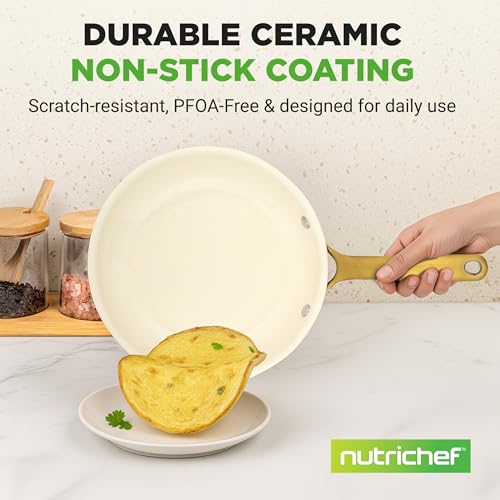 NutriChef 12 Inch Large Ceramic Coated Frying Pan - Non Stick Skillet with Titanium Handle, Omelet Pan Durable, Easy to Clean - Gas, Electric, Ceramic and Induction Compatible Cookware