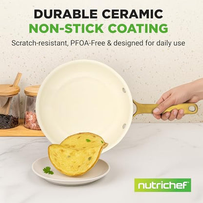NutriChef 12 Inch Large Ceramic Coated Frying Pan - Non Stick Skillet with Titanium Handle, Omelet Pan Durable, Easy to Clean - Gas, Electric, Ceramic and Induction Compatible Cookware