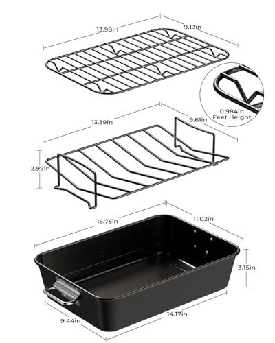Armorbear Turkey Roasting Pan with Rack Non stick Carbon Steel Roaster 16x11 Inch, Dishwasher Safe, Deep Baking Broiler Pan for Oven Chicken, Bacon, Black
