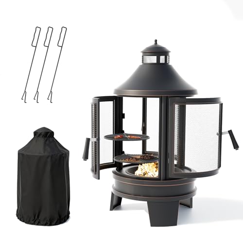 Gotland 2 in 1 Metal Chimenea with Grill, Outdoor Fire Pit with Adjustable Grill Tray 3-Door Design Spark Screen Door, Chiminea Outdoor Fireplace, Wood Stove for BBQ, Patio, Garden, Backyard