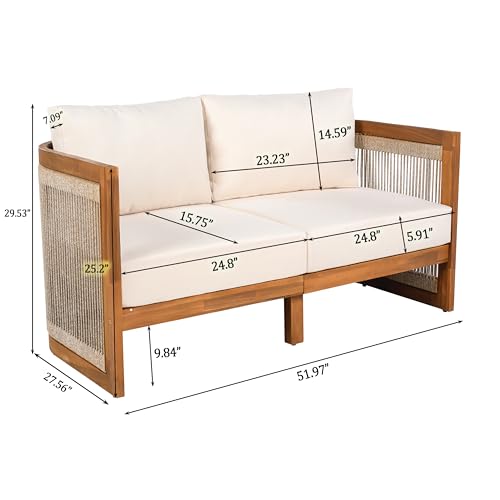 Christopher Knight Home Nylan 7-Seater Patio Furniture Set with Removable Cushion, 5 Piece Outdoor Acacia Wood Conversation Set, Solid Wood Outdoor Sectional Sofa Set with Coffee Table, Teak+Beige