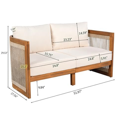 Christopher Knight Home Nylan 7-Seater Patio Furniture Set with Removable Cushion, 5 Piece Outdoor Acacia Wood Conversation Set, Solid Wood Outdoor Sectional Sofa Set with Coffee Table, Teak+Beige