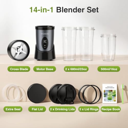 KOIOS Smoothie Blender for Kitchen, 900W Personal Blender for Smoothies Shakes 14pcs with 3 Portable Cups 23oz + 17oz, Single Serve Smoothies Maker Mixer for Juices Frozen Drinks, Grey Blue