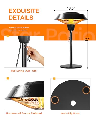 Star Patio Outdoor Heater, Electric Tabletop Heaters Tip-Over Protection, IP44 Waterproof, 1500W Infrared Patio Heater, Hammered Bronze Finished