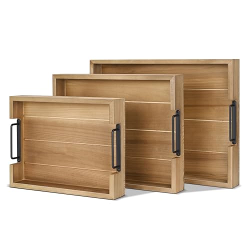 Flexzion Rustic Wooden Serving Trays Set of 3 with Handles, Stackable Fir Wood Ottoman Tray for Coffee Table, Breakfast in Bed, Charcuterie, Snacks, Drinks, Food Serving & Home Decor, Brown