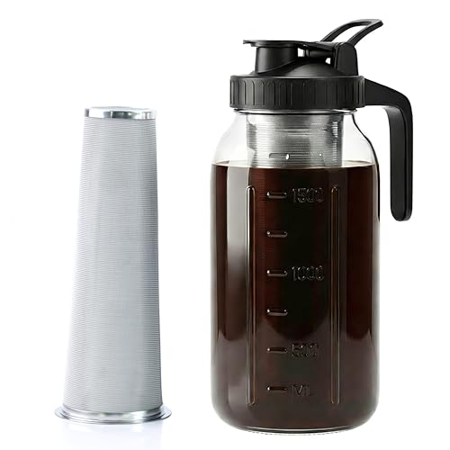 Cold Brew Coffee Maker 64 Oz Wide Mouth Mason Jar Pitcher With stainless steel Filter 2 Quart Airtight & Leak-Proof cold brew pitcher with pour spout lid and handle For iced Coffee Tea and lemonade
