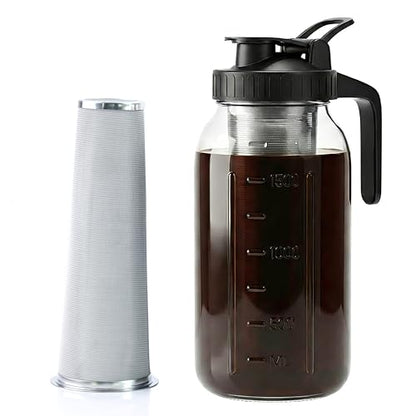 Cold Brew Coffee Maker 64 Oz Wide Mouth Mason Jar Pitcher With stainless steel Filter 2 Quart Airtight & Leak-Proof cold brew pitcher with pour spout lid and handle For iced Coffee Tea and lemonade