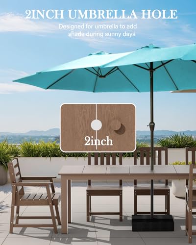 LOUNZY 9 Pieces Patio Dining Sets, Outdoor HDPE Furniture Set for 8 w/ 2" Hole Cut-Out Dining Table with 8 Patio Chairs(2 W/Armrest, 6 w/o Armrest), Brown