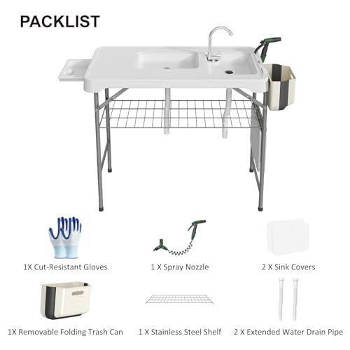 IWDOO 42.5" Fish Cleaning Table with Dual Sink, Portable Folding Camping Table with Faucet, Sprayer, Grid Rack, Hose Hook Up & Knife Groove, Outdoor Sink Station for Picnic Beach Patio