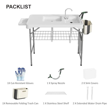 IWDOO 42.5" Fish Cleaning Table with Dual Sink, Portable Folding Camping Table with Faucet, Sprayer, Grid Rack, Hose Hook Up & Knife Groove, Outdoor Sink Station for Picnic Beach Patio