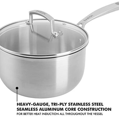Babish Stainless Steel Saucepan 3.5 Quart Triply Professional Grade Cookware Durable Even Heat Distribution Sauce Pan with Handle for Cooking Boiling Sauces Soups and Everyday Kitchen Use