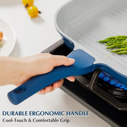 KOCH SYSTEME CS 9.5 Inch Nonstick Grill Pan for Stove Tops, Square Frying Pan with Pour Spouts, Square Pan for Indoor Cooking, Grill Skillet with Bakelite Handle, PTFE & PFOA Free, Blue