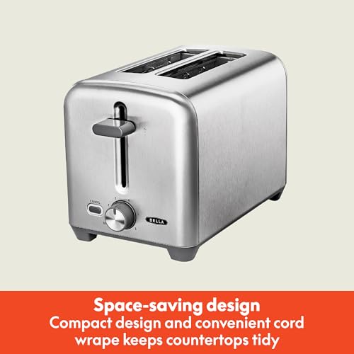 bella Stainless Steel 2 Slice Toaster with Extra Wide Slots & Removable Crumb Tray - 6 Browning Options, Auto Shut Off & Reheat Function - Toast Bread, Bagel & Waffle