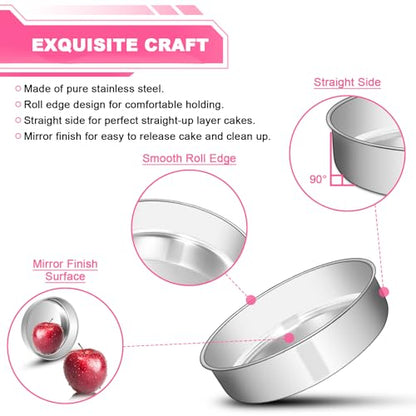 EWFEN 8 Inch Cake Pan Set of 2, Stainless Steel Round Layer Cake Baking Pans Tins, Non-Toxic & Healthy, Leak-proof & Easy Clean & Dishwasher Safe