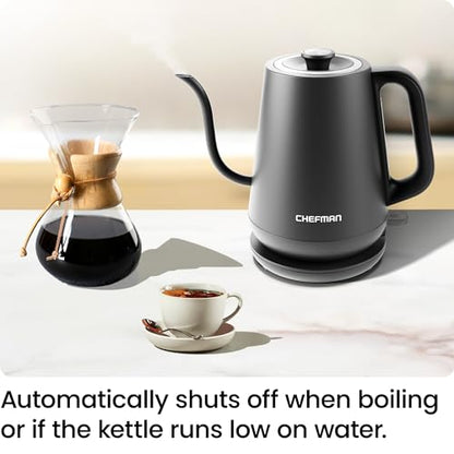 Chefman Gooseneck Electric Kettle, 0.8L Pour Over Tea Kettle for Coffee and Tea, One-Touch Operation, Boil-Dry Protection, Auto Shut-Off, Ultra-Fast Hot Water Boiler – Black