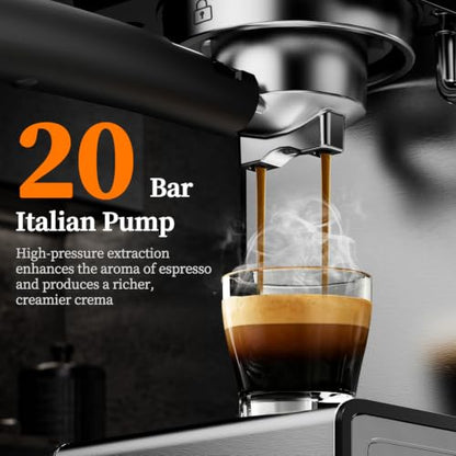 SECPOEDR 20Bar Espresso Machine with Poweful Milk Frother Rapid Cold Brew, Easy to Use Compact Espresso Maker, Fast Heat 1350W Barista-Quality Home Cappuccino Latte Machine,45oz Water Tank, Silver