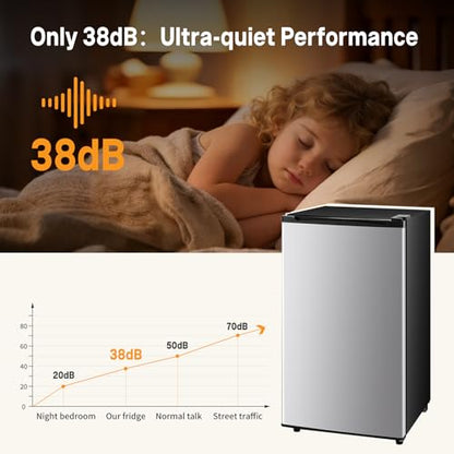 NEWBULIG Mini Fridge with Freezer 3.2 Cu.Ft Small Refrigerator for Office, Dorm, Small Fridge with Adjustable Thermostat, Energy Saving, Singel Door, Sliver