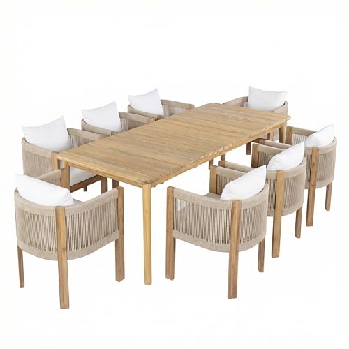 Christopher Knight Home Matera Acacia Wood Outdoor Dining Set for 8, 9 Piece Patio Dining Table and Chair Set, Wooden Outdoor Dining Armchair and Table Set with Removable Cushion, Light Teak+Beige