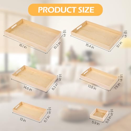 Aodaer 7 Pieces Wooden Trays, Wooden Nested Serving Trays, Rectangular Shape Wood Serving Tray with Handles for Kitchen Party Dinner Snacks