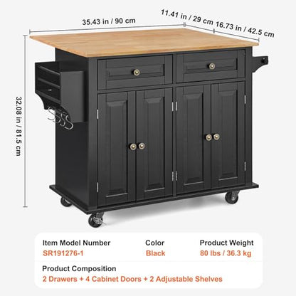 VEVOR Kitchen Island Cart, 35" Wood Top Mobile Carts with Storage Cabinet, Rolling Table with Drop Leaf, Spice Rack, Towel Bar, Adjustable Shelf, Drawer, and Hooks, Portable Islands on Wheels, Black