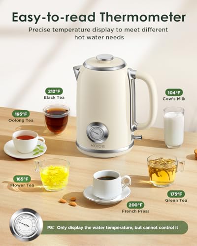 Electric Kettle 1.8L with Temperature Gauge, 1500W Fast Boiling Electric Tea Kettle, 100% Stainless Steel Retro-Style Hot Water Kettle Electric - Glowing LED Light, Auto Shut-Off & Boil-Dry Protection