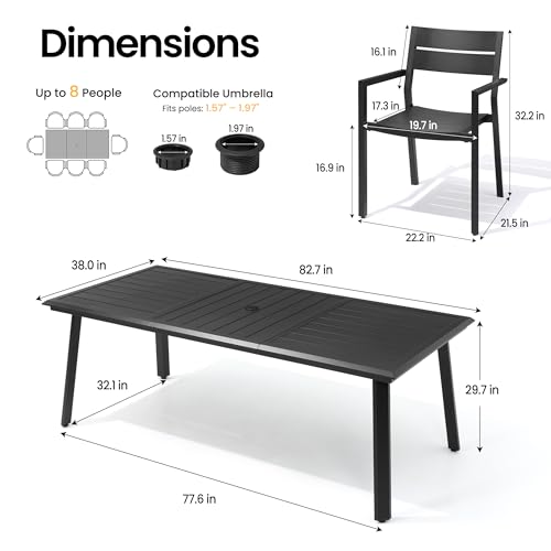 PATIOHIT 9-Piece Aluminum Outdoor Dining Set, 82" Large Rectangular Patio Table & 8 Stackable Armchairs Rust Proof Outdoor Furniture with Umbrella Hole for Lawn Garden Deck, Black