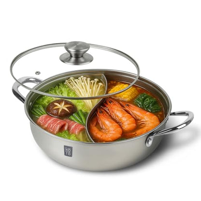 KOTO 304 Stainless Steel Divided Hot Pot – 11”, 4.5L Shabu Shabu Pot with S-Shaped Divider for Spicy & Mild Broths (Double-Sided)