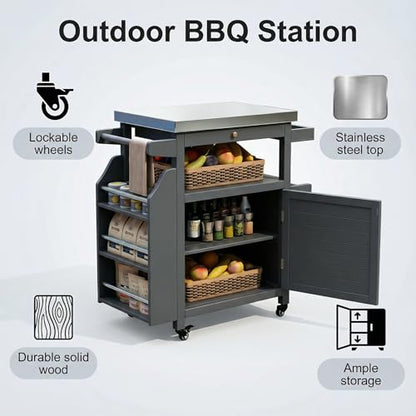 Girarvs Outdoor Grill Cart with 304 Stainless Steel Tabletop and Storage Cabinets, Movable Kitchen Island with 360 Lockable Wheels for BBQ Food Prep, Solid Wood Outdoor Kitchen Station(Dark Gray)